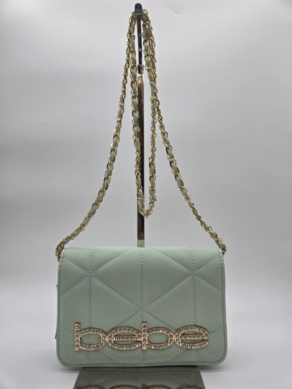 Bebe Quilted Mint Green Crossbody Bag Rhinestone Logo Chain Strap NWT